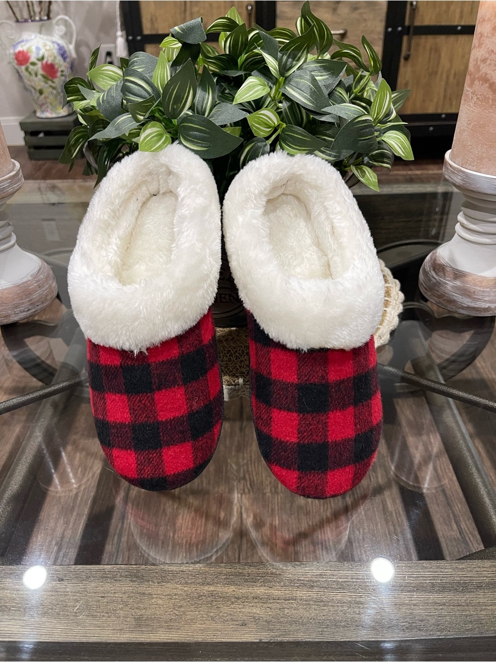 Cozy Red & Black Buffalo Plaid Fleece Slippers